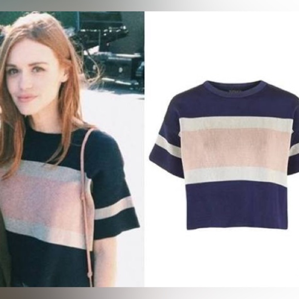Topshop Navy and Beige Striped Crop Top